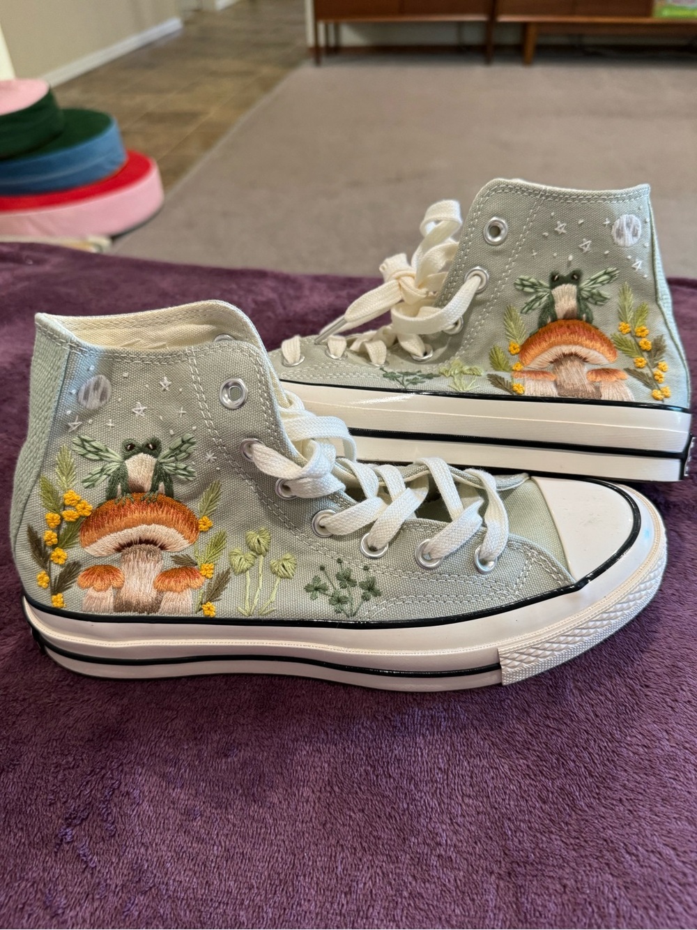 High-Top Canvas Sneakers with Mushroom Embroidery - Sage Green